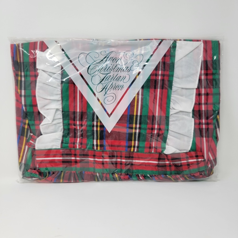Vintage 1986 Avon Christmas Tartan Apron Red Green White Plaid w Ruffle Bib Ties